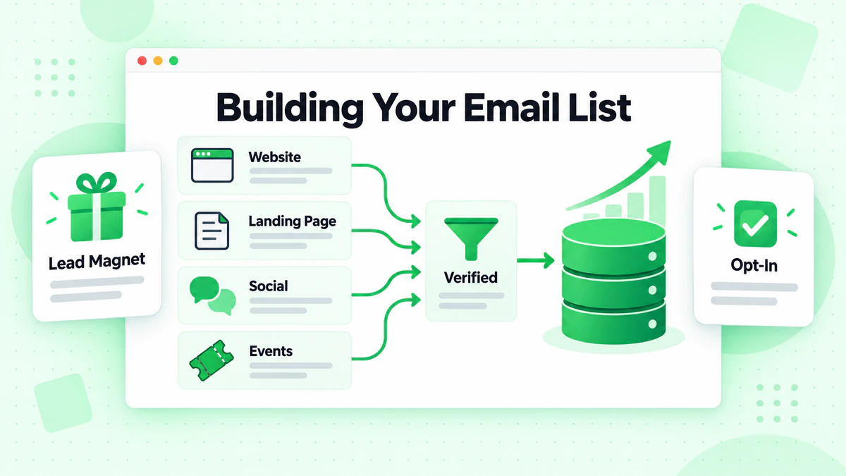 Building your email list from website, landing page, social and event sources through verification
