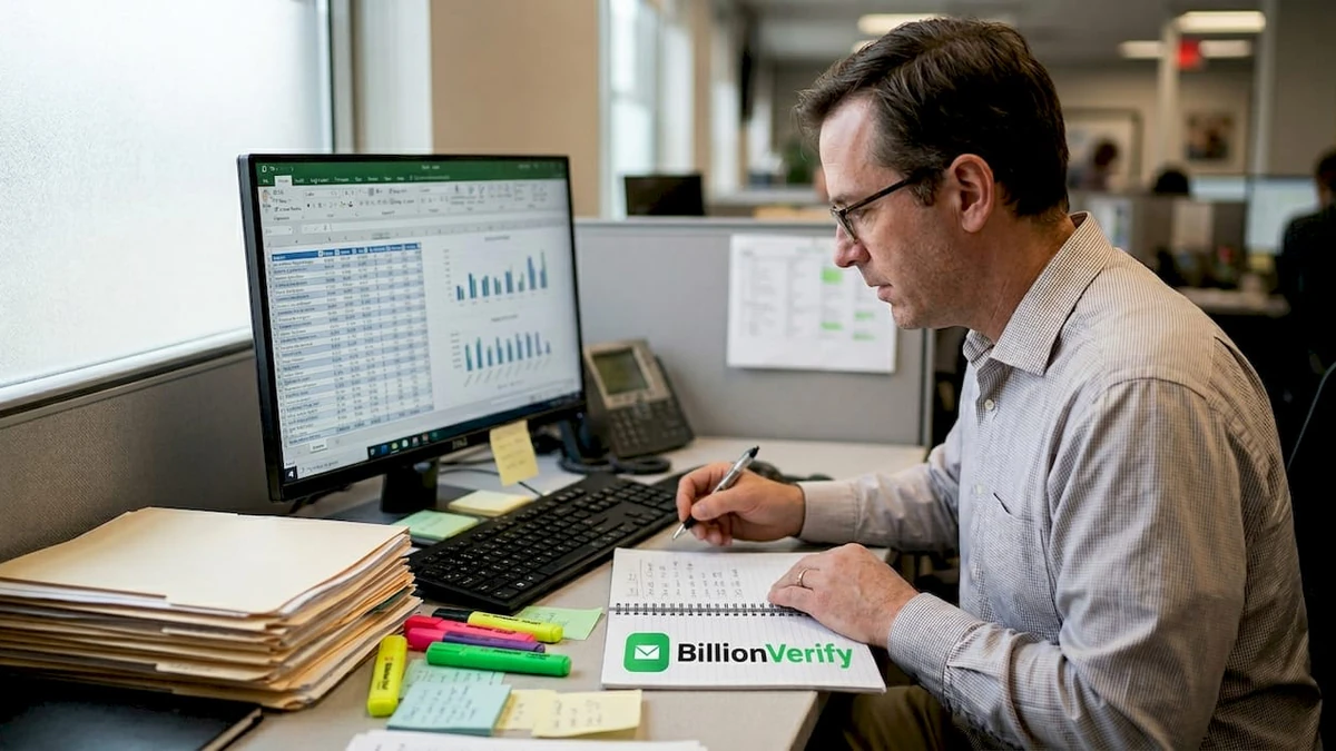 Marketer checks email list hygiene in cubicle