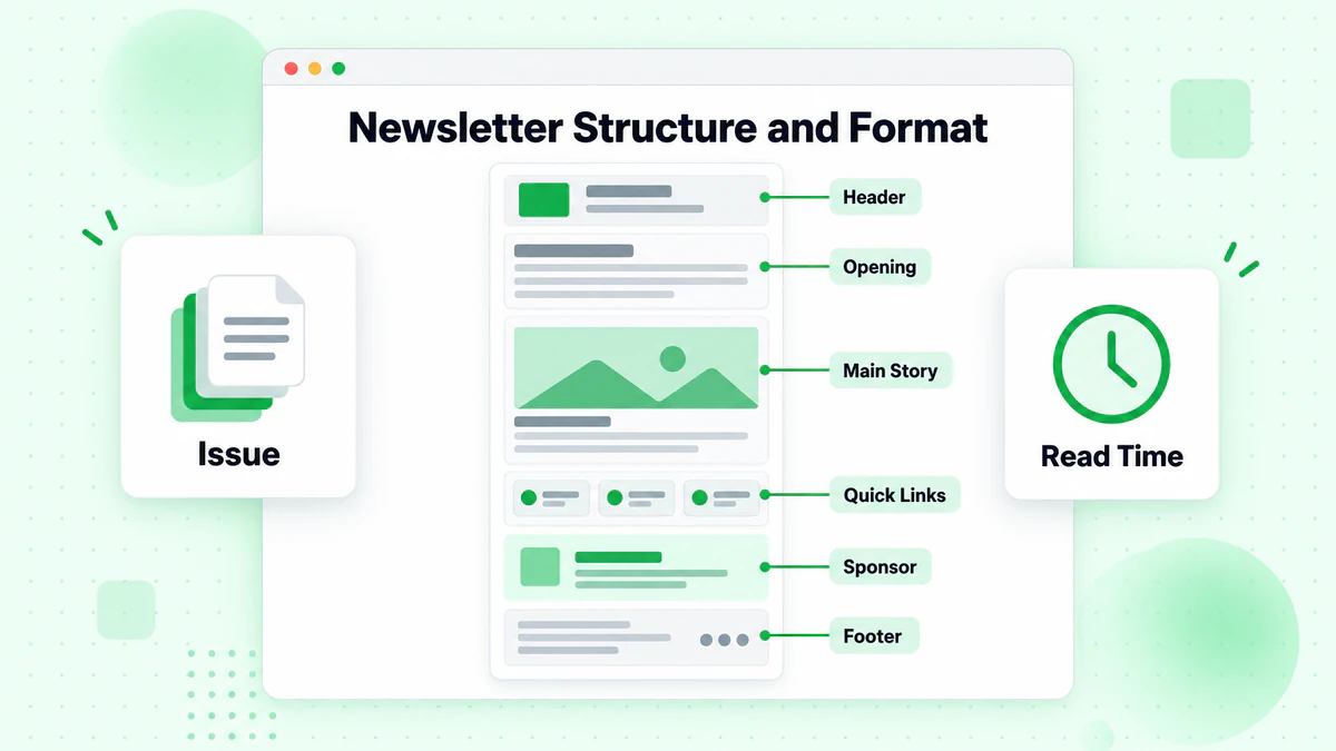 Structure et format de la newsletter : en-tête, intro, sujet principal, liens rapides, sponsor, pied de page