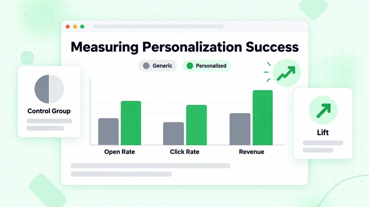Measuring personalization success: personalized vs generic bars for open rate, clicks and revenue