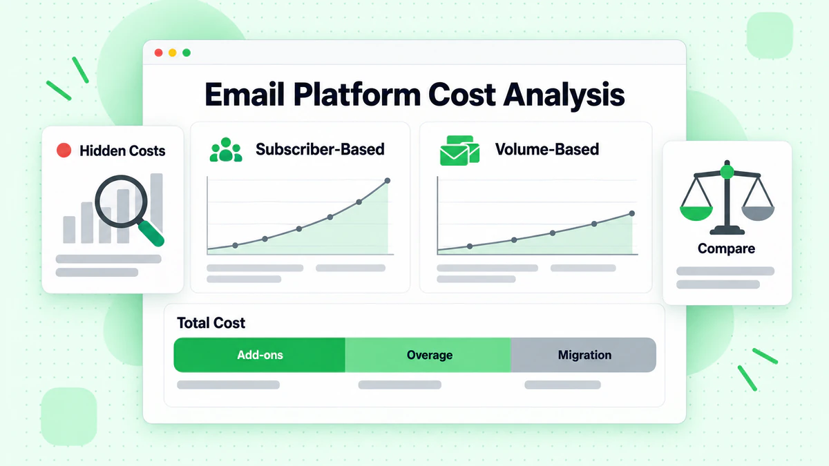 Email platform cost analysis comparing subscriber-based and volume-based pricing with total cost