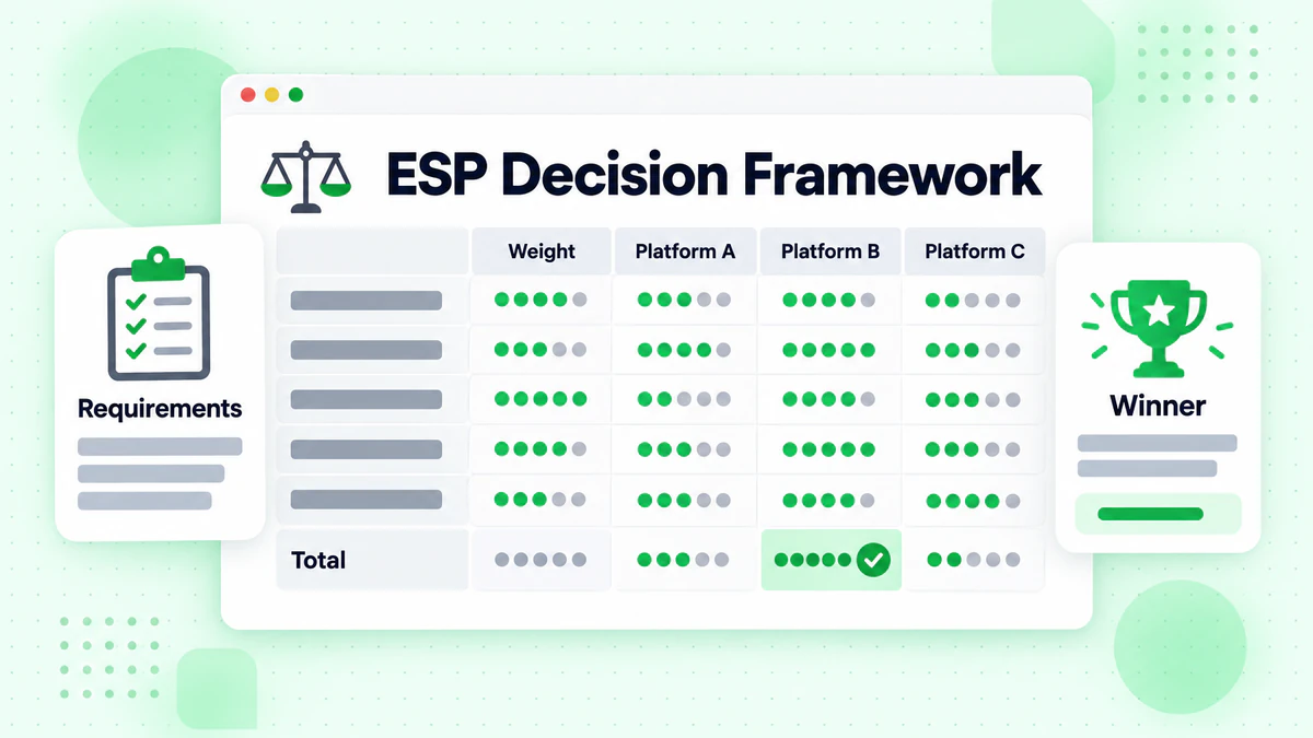 ESP decision framework as a weighted scoring matrix with Platform B highlighted as the winner