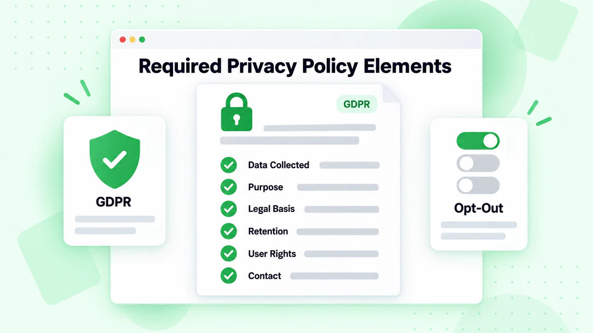 Required privacy policy elements checklist: data collected, purpose, legal basis, retention, rights