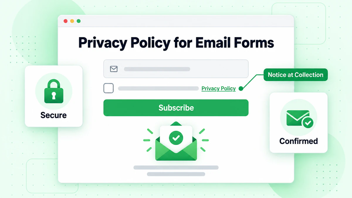 Privacy policy for email forms: signup form with consent checkbox and notice at collection
