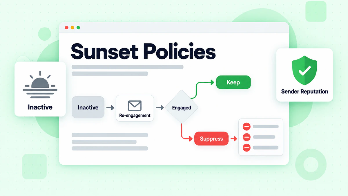 Sunset policies flowchart: inactive subscribers either kept after engaging or suppressed