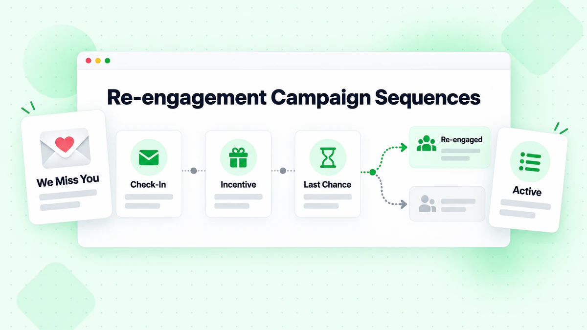 Re-engagement campaign sequences: check-in, incentive and last chance emails with a win-back branch