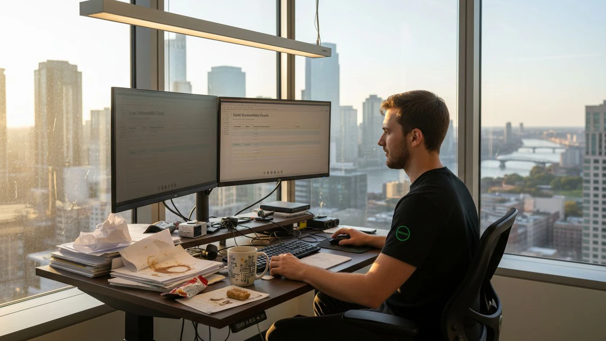 Man at a desk with dual monitors checking a guide on what is email syntax validation