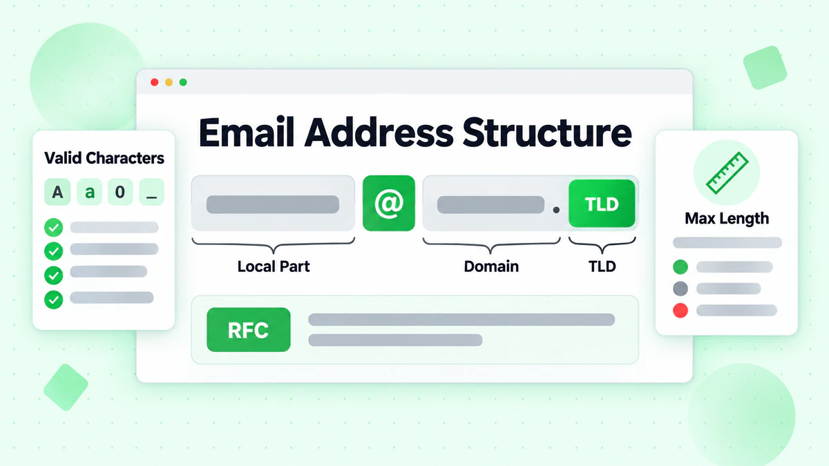 Struktur von E-Mail-Adressen: Local Part, @-Zeichen, Domain und TLD mit RFC-Regeln