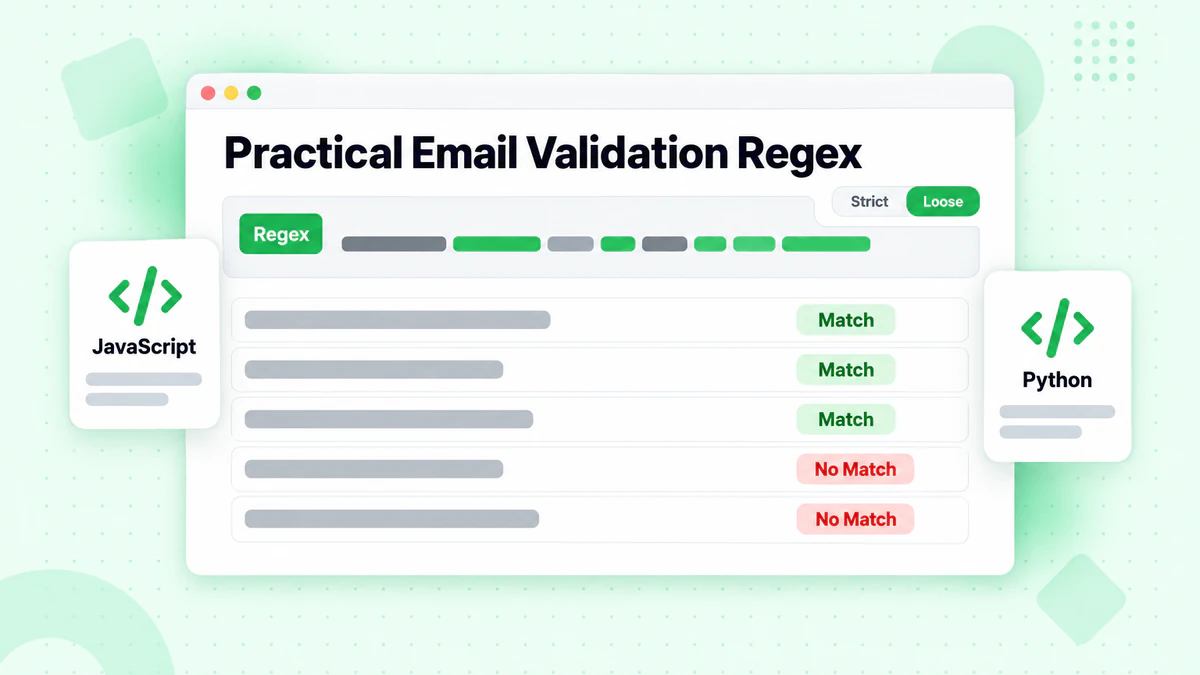 Praktisches Regex-Muster zur E-Mail-Validierung, an Beispieladressen mit Treffer-Badges getestet