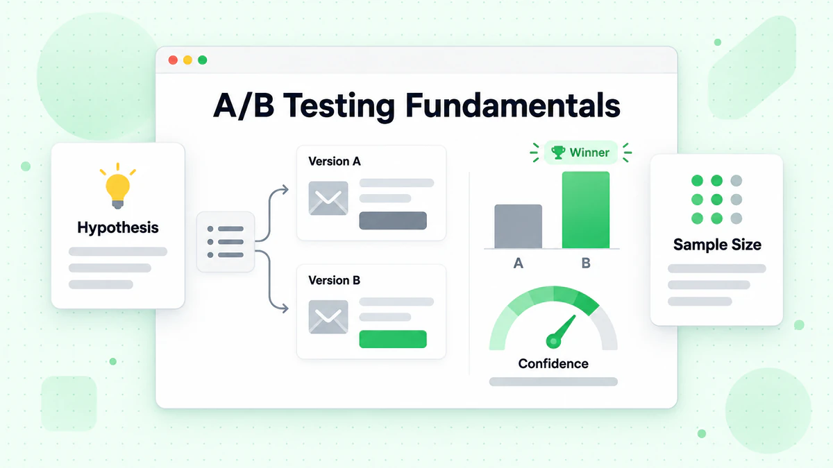 A/B testing fundamentals: version A vs version B split test with winner and confidence gauge