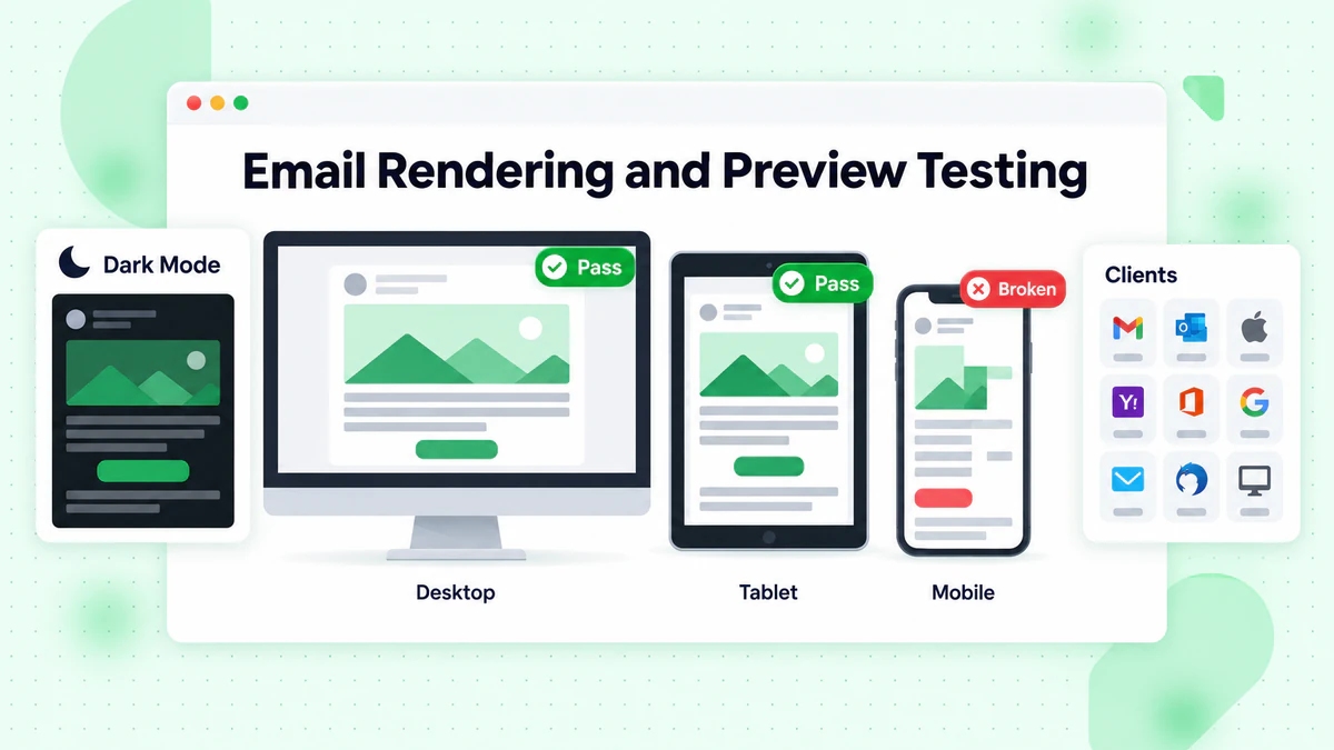 Email rendering and preview testing across desktop, tablet and mobile with a broken layout flagged