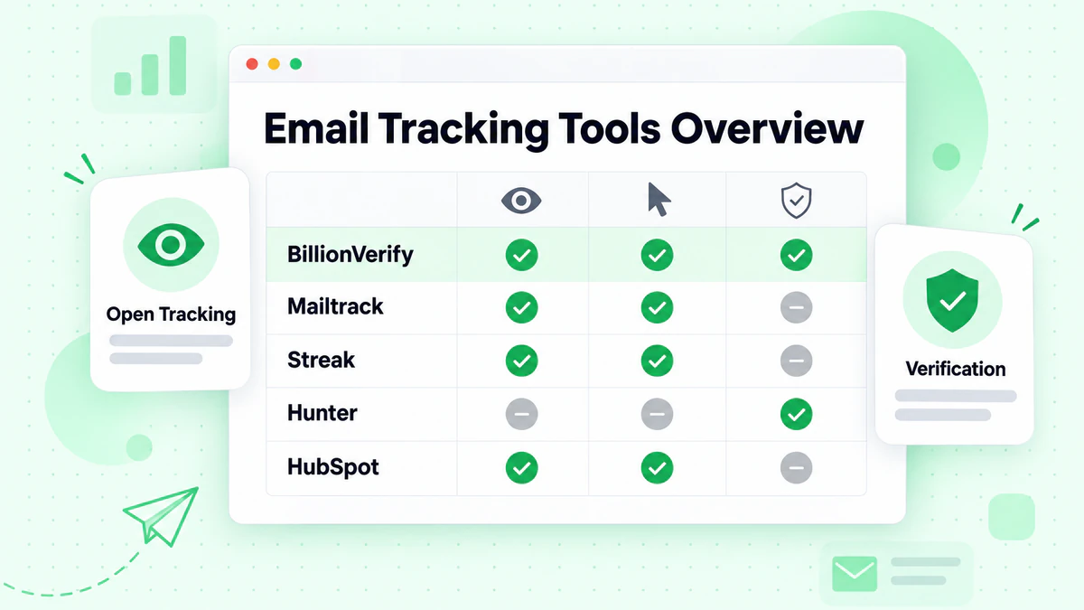 Email tracking tools overview table comparing BillionVerify, Mailtrack, Streak, Hunter and HubSpot