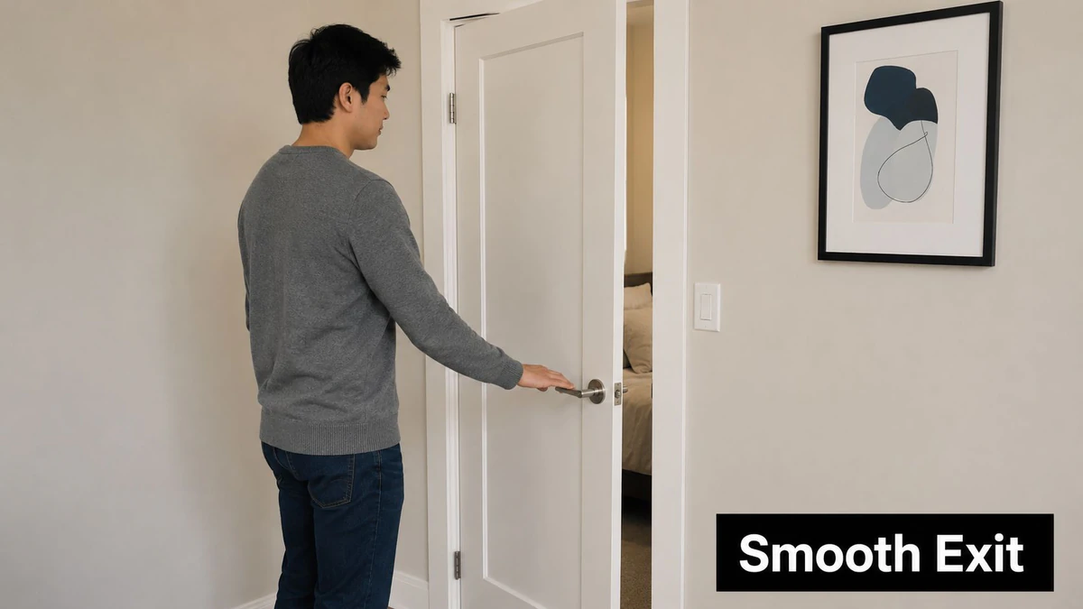 Un hombre con un suéter gris abre la puerta blanca de un dormitorio para salir de la sala.