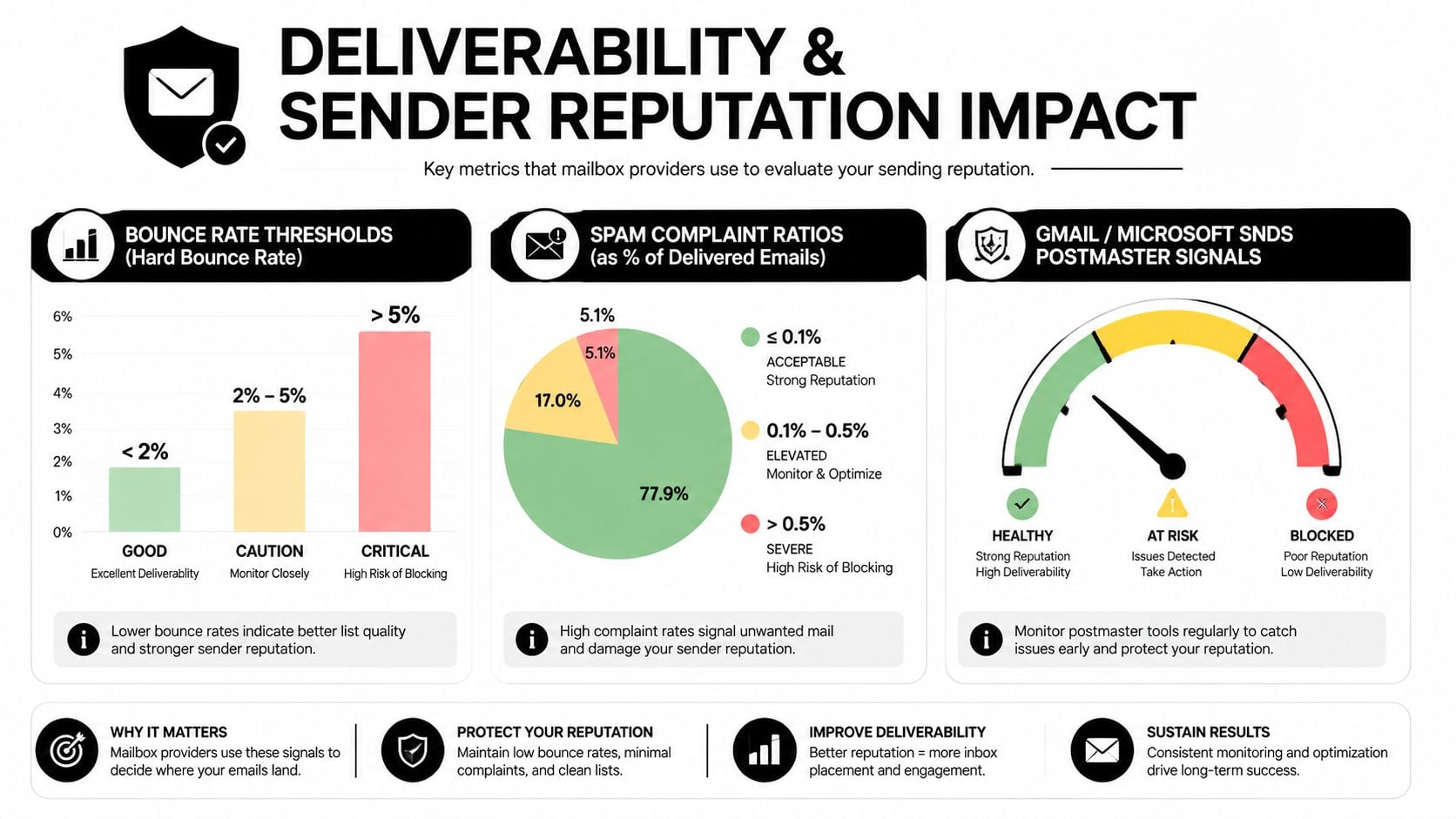 An infographic detailing email deliverability and sender reputation metrics including bounce rates, spam complaint ratios, and postmaster signals.