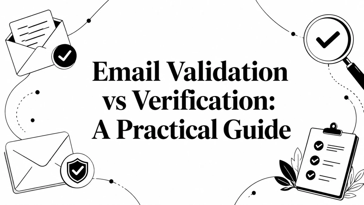 Title card reading Email Validation vs Verification: A Practical Guide, with envelopes and a checklist