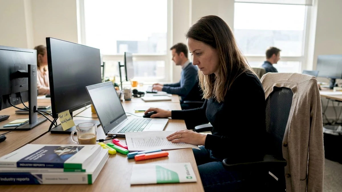 Woman at an office desk reviewing papers beside a laptop, illustrating email verification accuracy