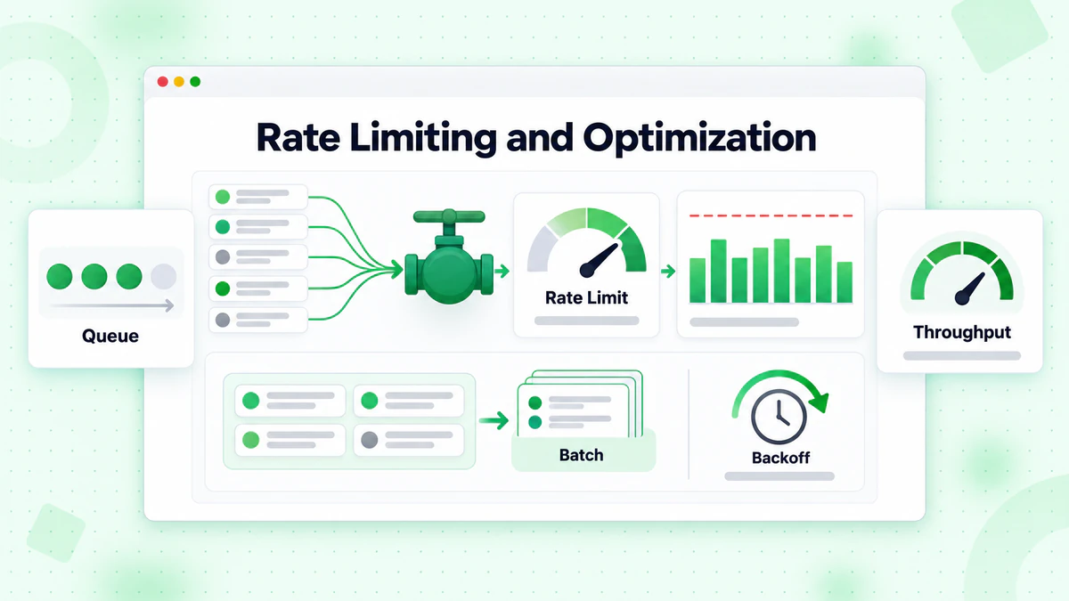 Rate limiting e ottimizzazione: coda di richieste, indicatore del limite, richieste batch e backoff