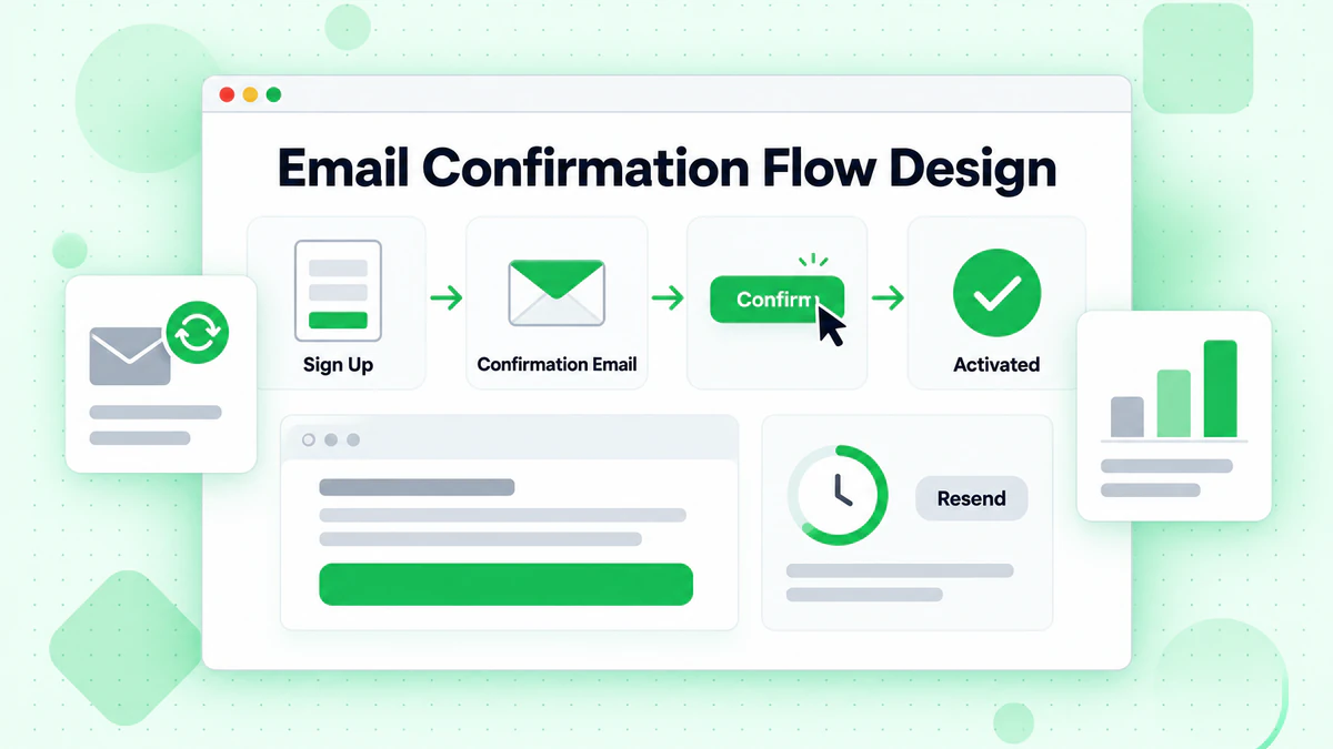 Design des E-Mail-Bestätigungsablaufs: Registrierung, Bestätigungs-E-Mail, Klick und aktives Konto