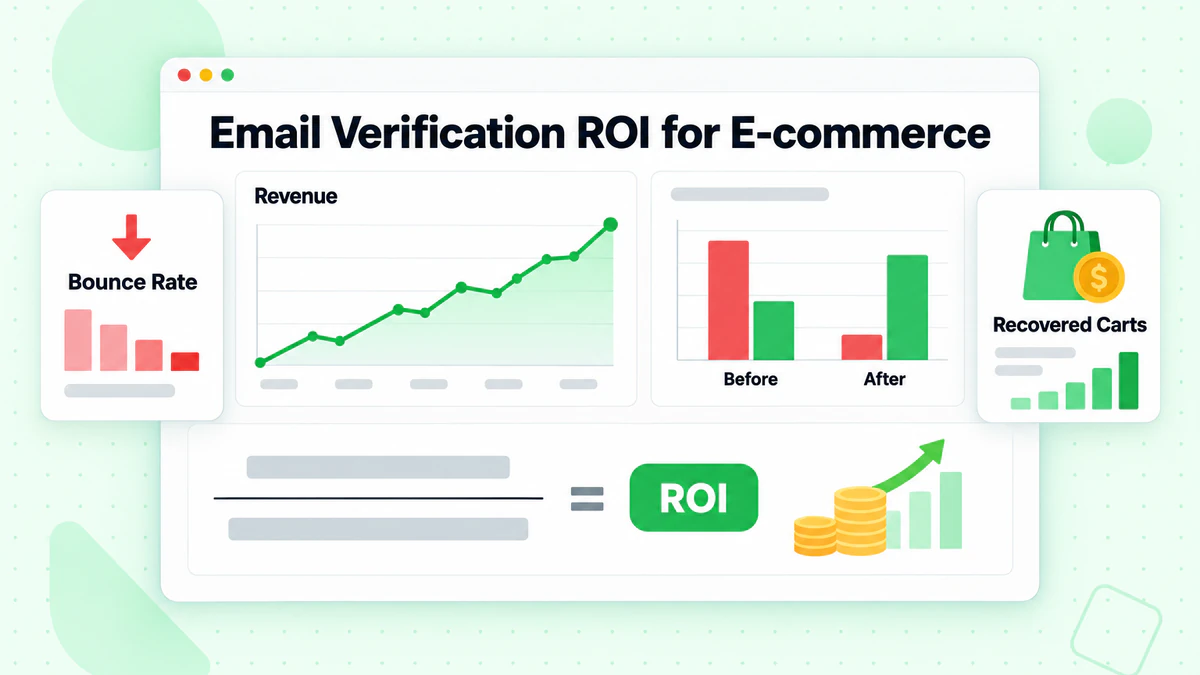 Painel do ROI da verificação de email para e-commerce: receita, bounces antes e depois e cartão de ROI