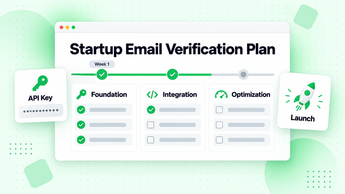 Startup email verification plan in three phases: foundation, integration and optimization checklists