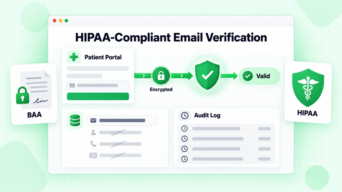 HIPAA-compliant email verification flow: patient portal, encrypted check, valid result and audit log