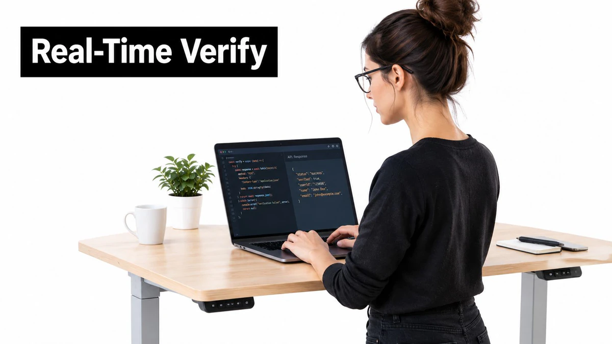 A woman working on a laptop at a standing desk, displaying code for real-time email verification.