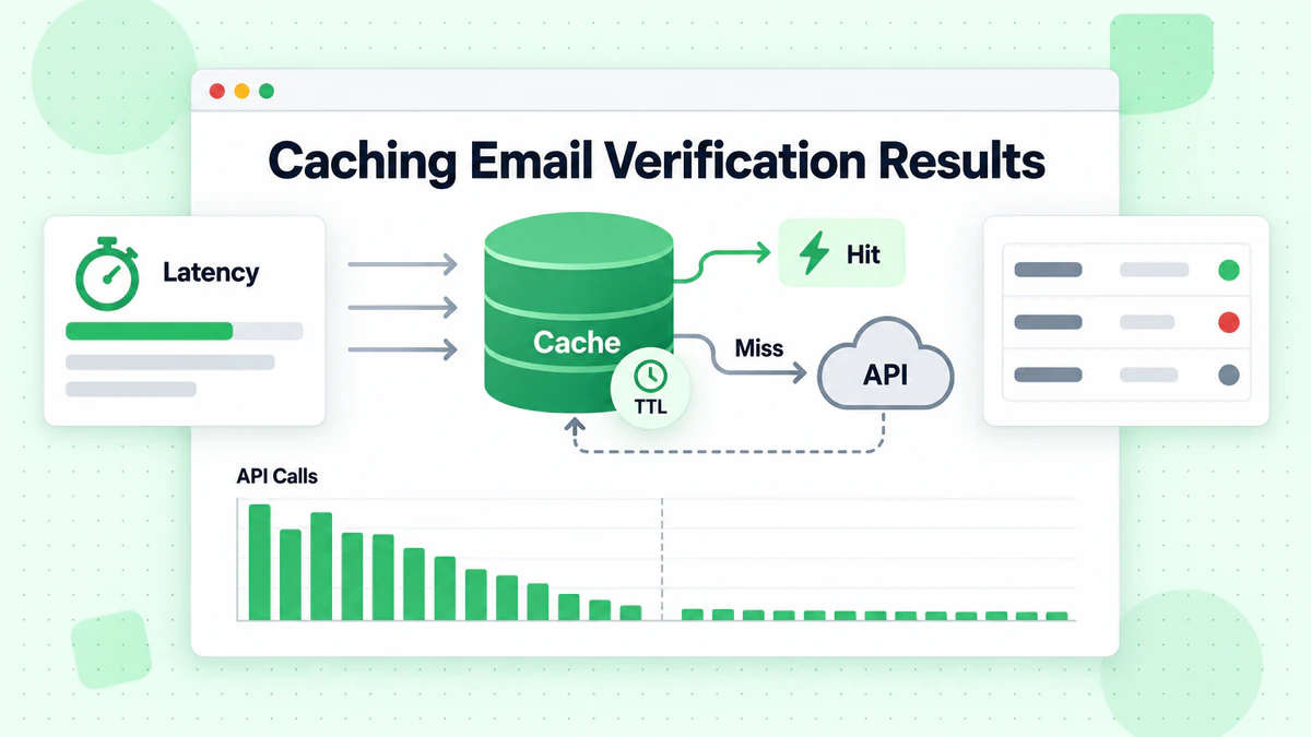 Caching email verification results in Node.js: cache hit returns fast, cache miss calls the API with TTL
