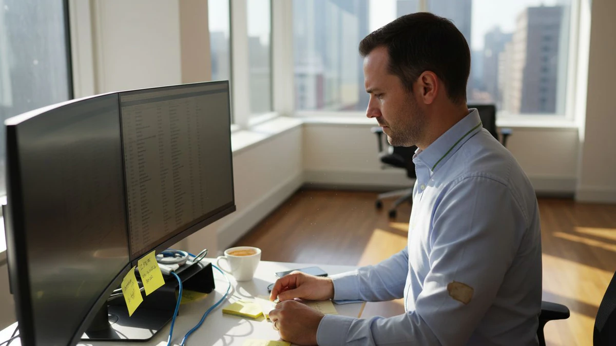 Man at a desk reviewing an email verification tips 2026 list on a large monitor