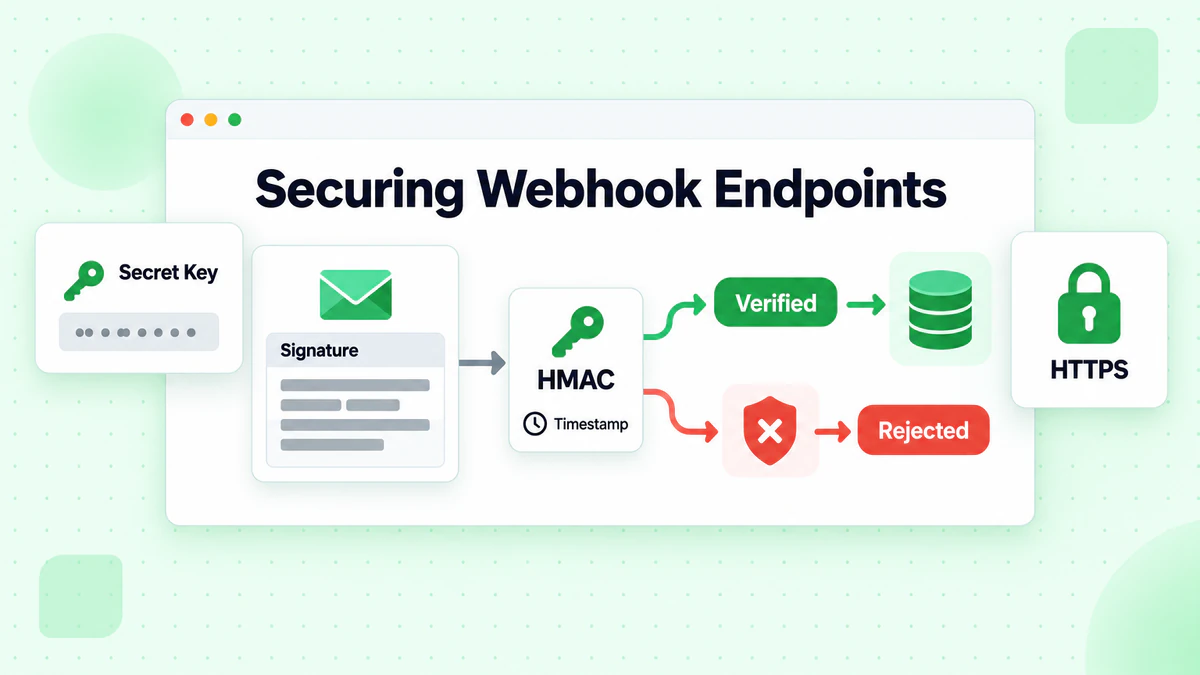 Sicurezza degli endpoint webhook: firma HMAC e timestamp, payload verificati passano, falsi respinti