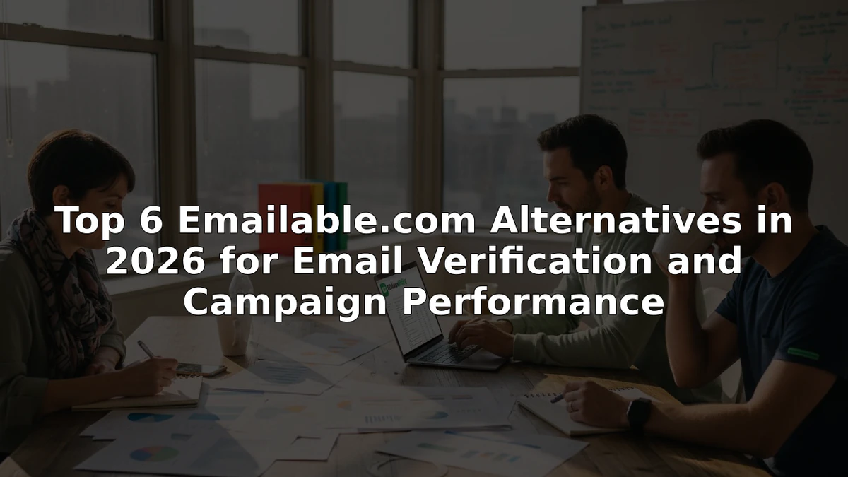 Tre colleghi alla scrivania esaminano alternative a Emailable e report stampati sotto un titolo di confronto