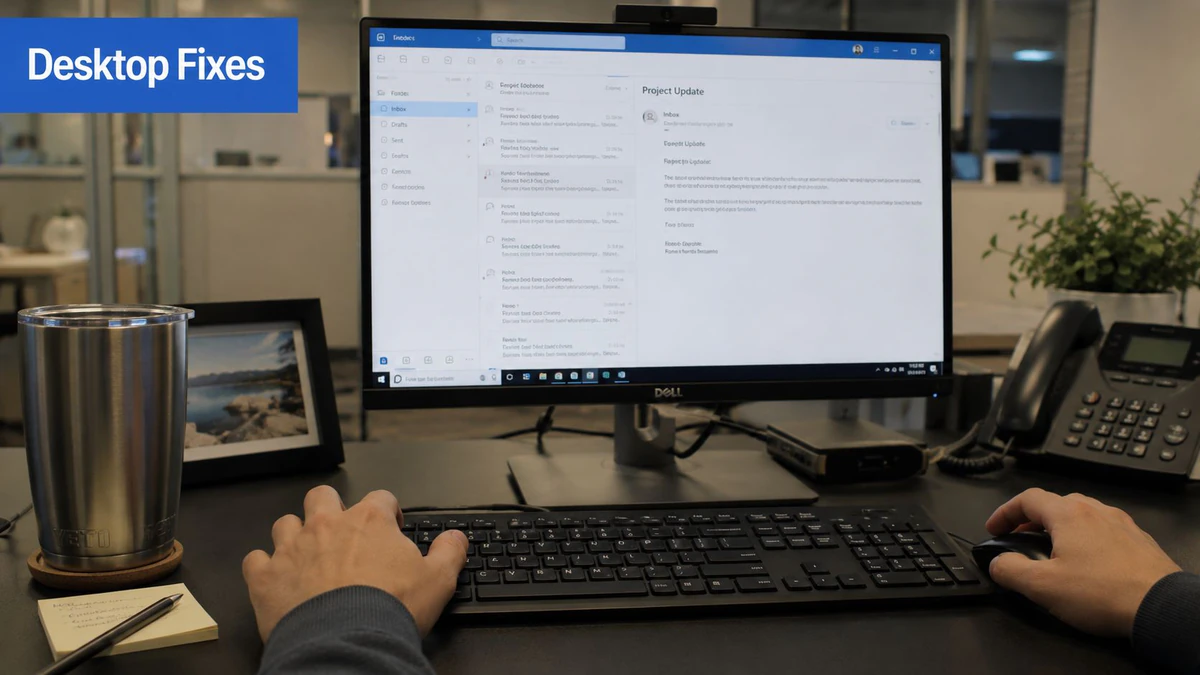 Uma pessoa trabalhando em uma mesa usando um computador para gerenciar e-mails em um ambiente de escritório.