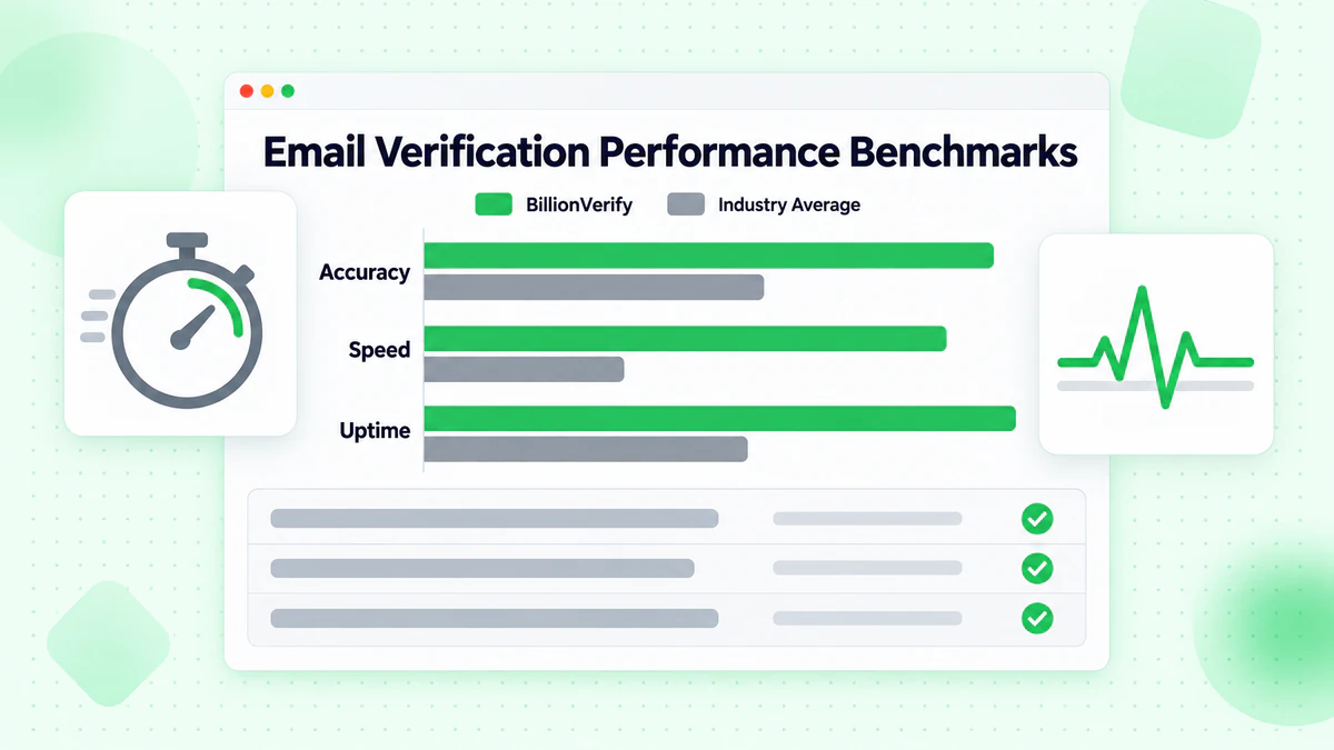 Email verification performance benchmarks: accuracy, speed and uptime bars against industry average