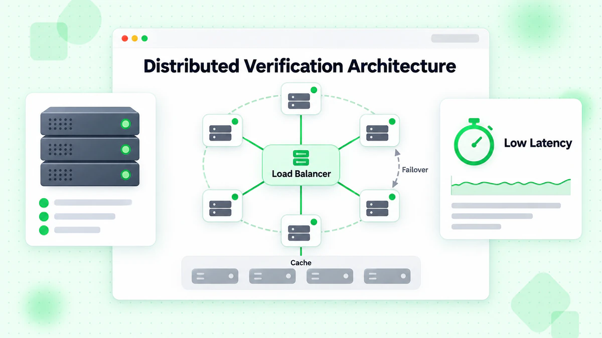 Distributed verification architecture with load balancer, server nodes, cache layer and failover path