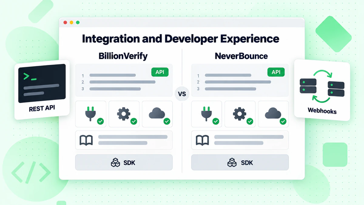 Integrazione ed esperienza sviluppatore a confronto: API, SDK e webhook di BillionVerify e NeverBounce