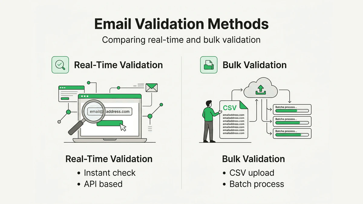 Infographic comparing real-time vs bulk validation