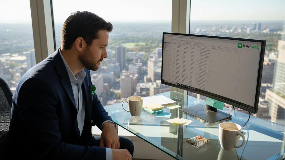 Businessman in a glass office reviewing an enterprise email validation spreadsheet