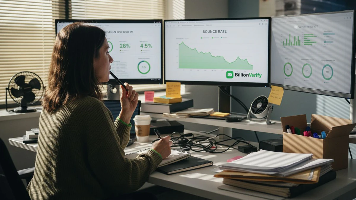 Woman tracking email bounce rate on monitors
