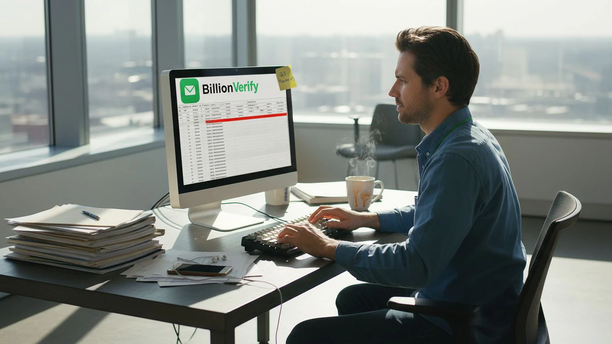 Man at a desk comparing paper files with types of email verification on a BillionVerify dashboard