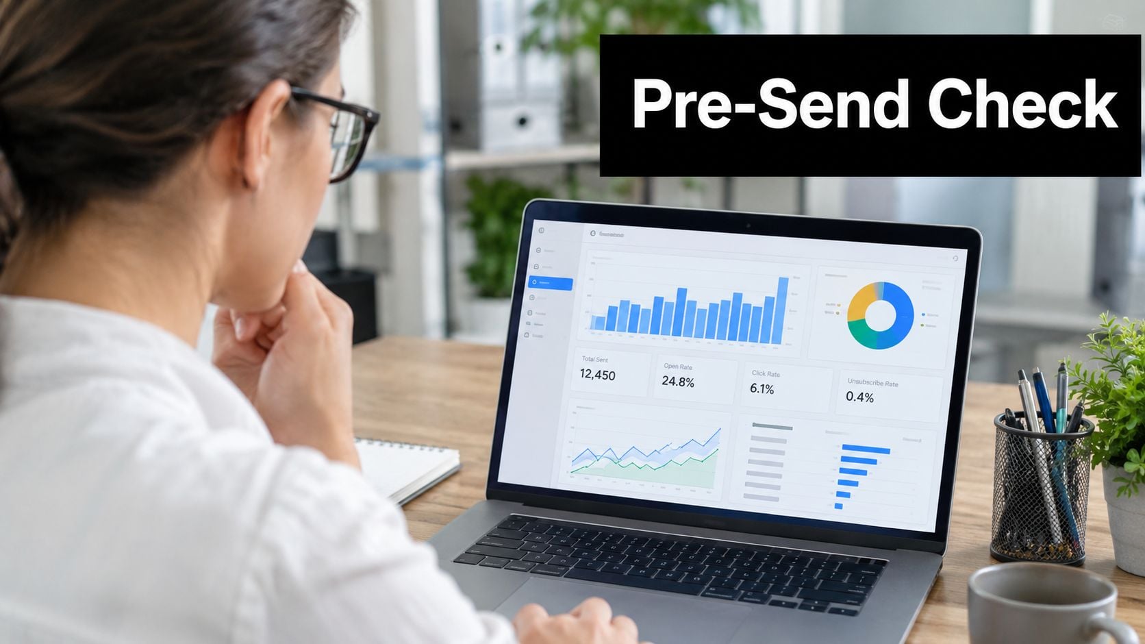 A professional woman looking at email marketing analytics data on her laptop screen in an office setting.