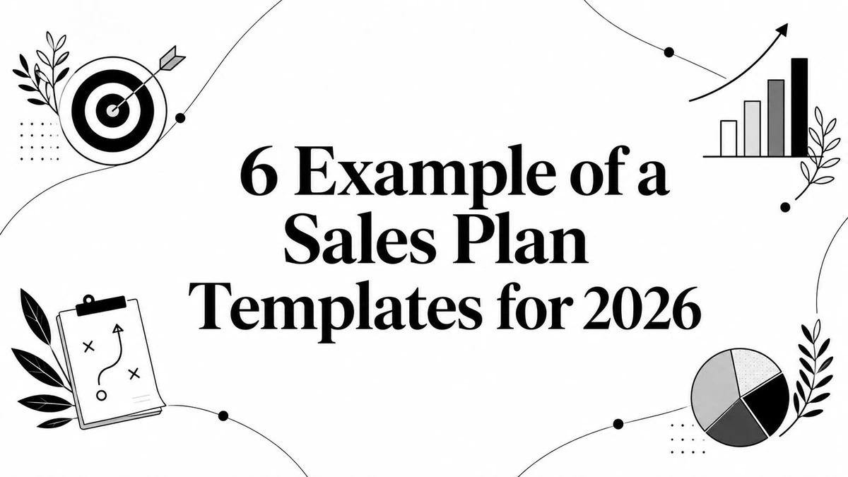 Title card reading 6 Example of a Sales Plan Templates for 2026, with a target, bar chart and clipboard