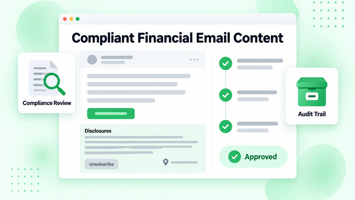 Compliant financial email content: template with disclosures footer, unsubscribe link and approval steps