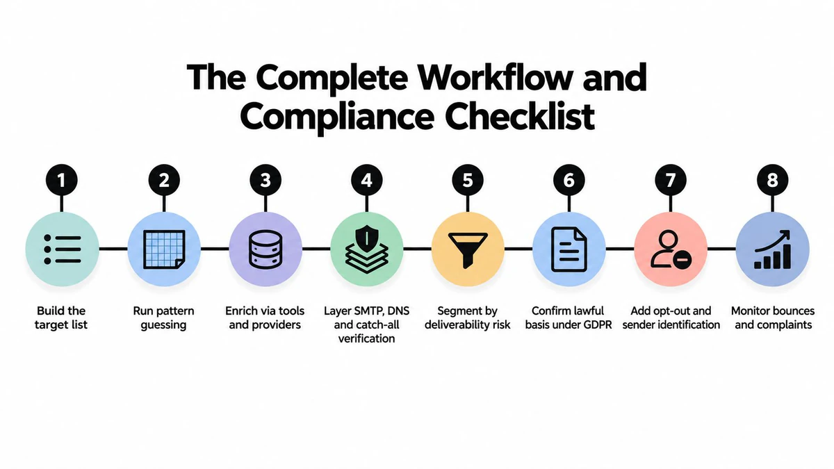 An eight-step workflow and compliance checklist infographic for managing email lead generation and communication processes.
