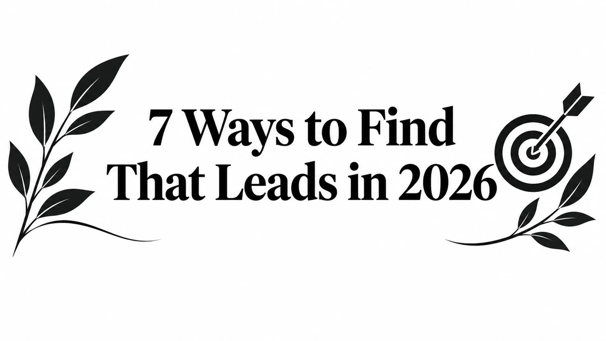 Title card reading 7 Ways to Find That Leads in 2026, with leaf sprigs and an arrow hitting a target