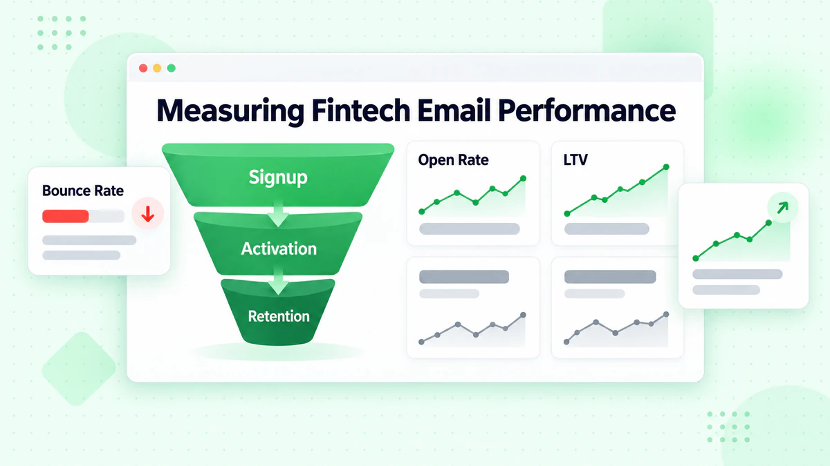 Measuring fintech email performance: signup, activation and retention funnel with open rate and LTV tiles