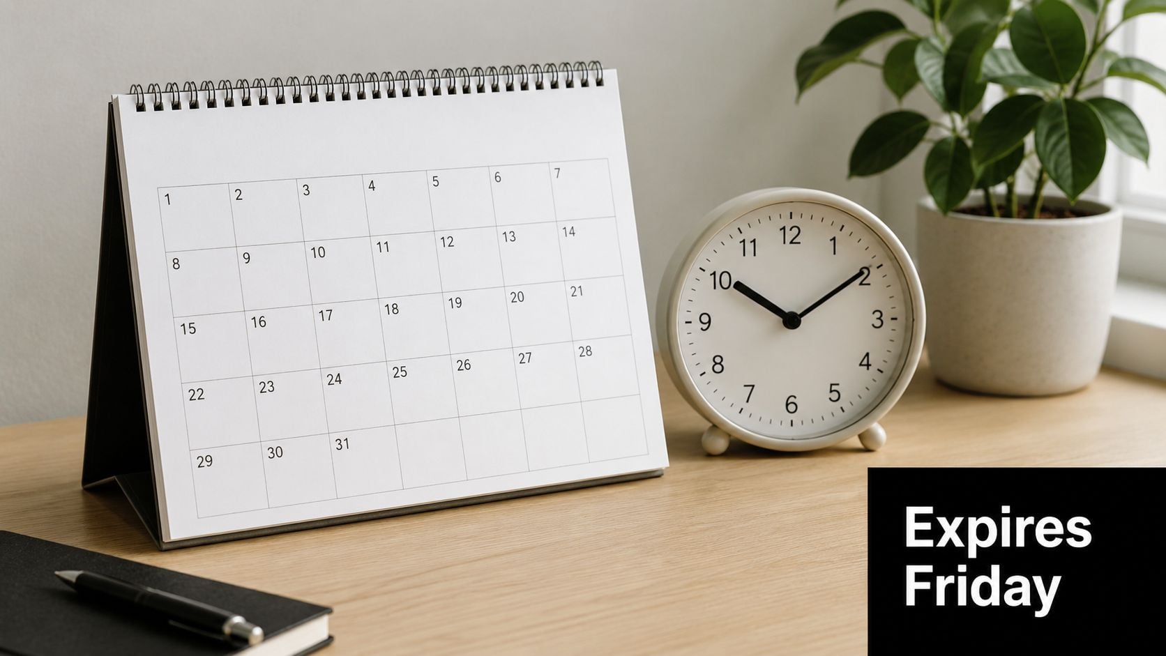 Kalender meja dan jam analog dengan teks overlay yang bertuliskan kadaluarsa jumat.