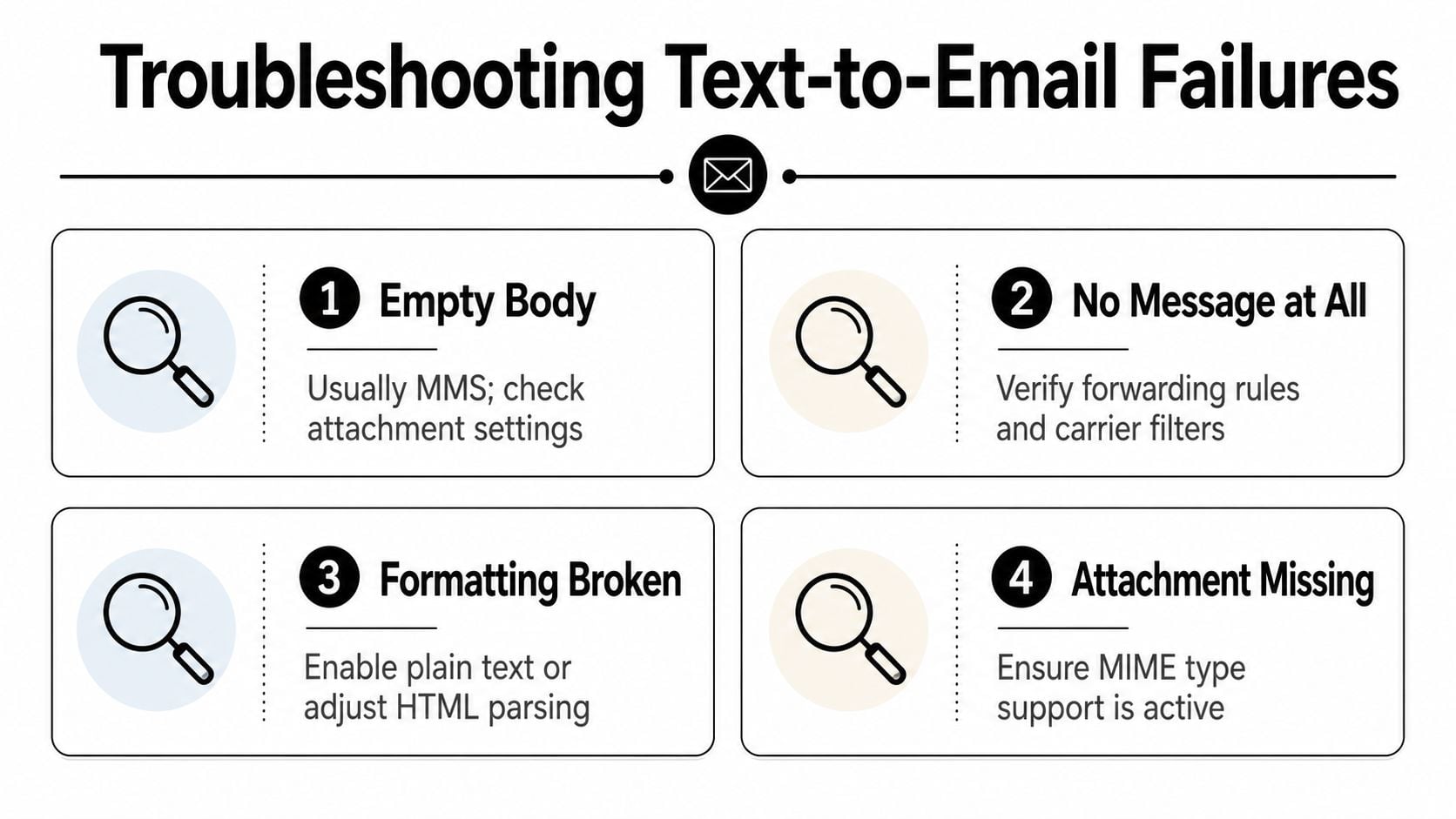 A diagram outlining four common steps for troubleshooting issues when forwarding a text message to email.