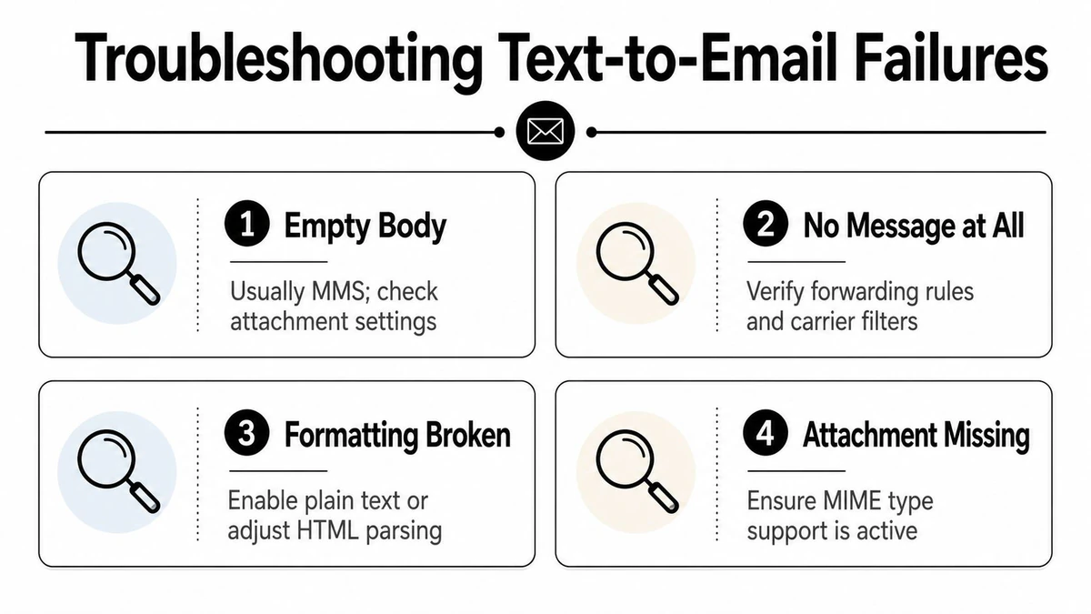 A diagram outlining four common steps for troubleshooting issues when forwarding a text message to email.