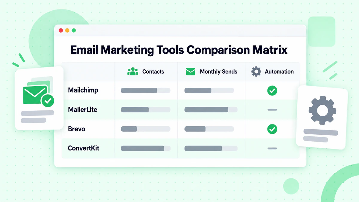 Email marketing tools comparison matrix of Mailchimp, MailerLite, Brevo and ConvertKit plan limits
