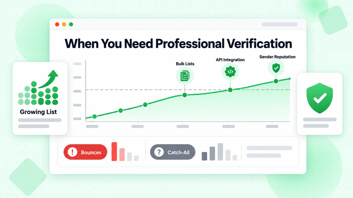 When you need professional verification: list growth past a threshold, bulk lists, API and bounce risk