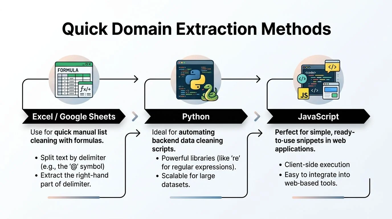 Ein Diagramm, das drei schnelle Methoden zur Domain-Extraktion aus E-Mails mit Excel, Python und JavaScript veranschaulicht.